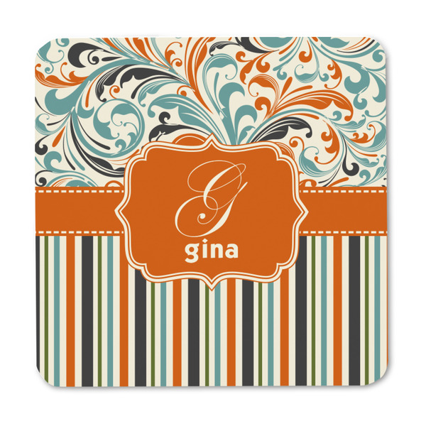 Orange Blue Swirls & Stripes Square Fridge Magnet - FRONT