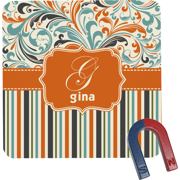 Custom Orange Blue Swirls & Stripes Square Fridge Magnet (Personalized)