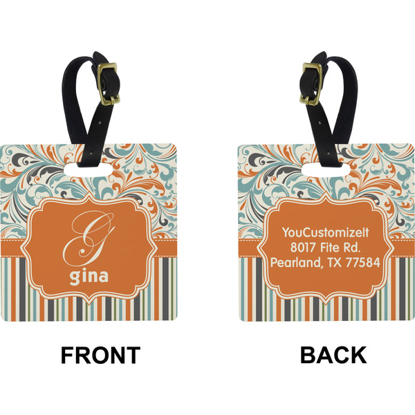 Orange Blue Swirls & Stripes Square Luggage Tag (Front + Back)