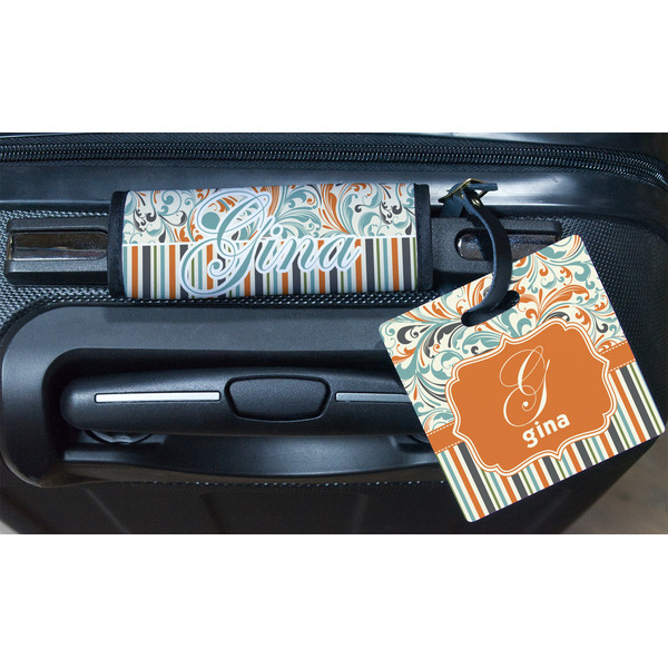 Orange Blue Swirls & Stripes Square Luggage Tag & Handle Wrap - In Context