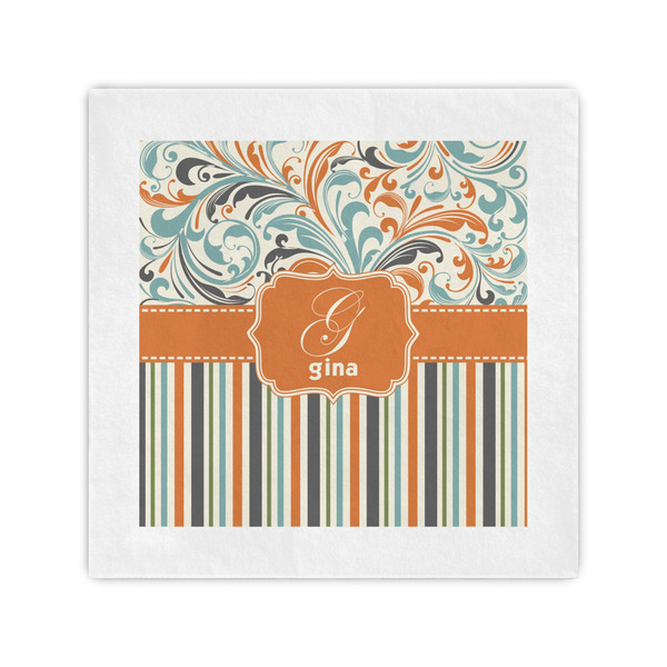 Custom Orange Blue Swirls & Stripes Cocktail Napkins (Personalized)