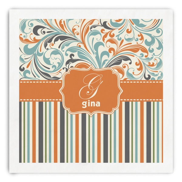 Custom Orange Blue Swirls & Stripes Paper Dinner Napkins (Personalized)