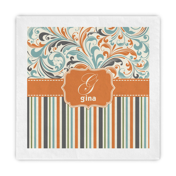 Custom Orange Blue Swirls & Stripes Standard Decorative Napkins (Personalized)