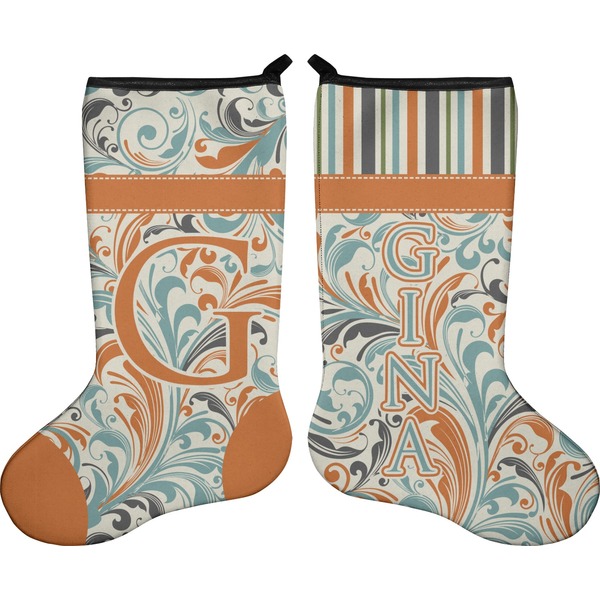 Custom Orange Blue Swirls & Stripes Holiday Stocking - Double-Sided - Neoprene (Personalized)