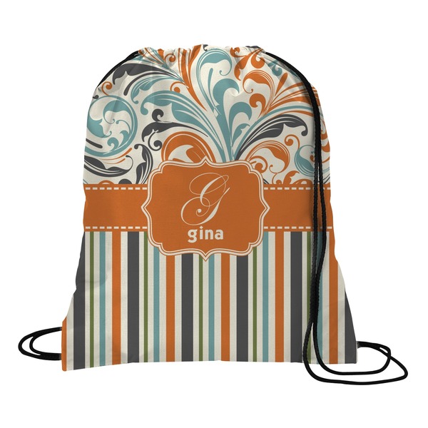Custom Orange Blue Swirls & Stripes Drawstring Backpack - Large (Personalized)