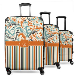 Orange Blue Swirls & Stripes 3 Piece Luggage Set - 20" Carry On, 24" Medium Checked, 28" Large Checked (Personalized)