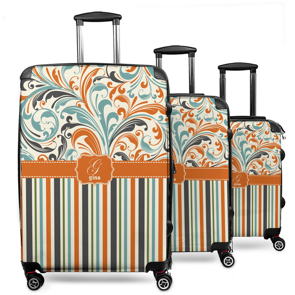 Custom Orange Blue Swirls & Stripes 3 Piece Luggage Set - 20" Carry On, 24" Medium Checked, 28" Large Checked (Personalized)