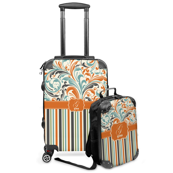 Custom Orange Blue Swirls & Stripes Kids 2-Piece Luggage Set - Suitcase & Backpack (Personalized)