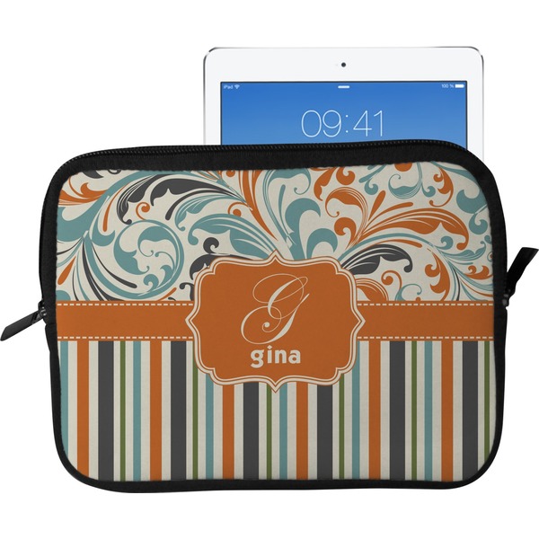 Custom Orange Blue Swirls & Stripes Tablet Case / Sleeve - Large (Personalized)