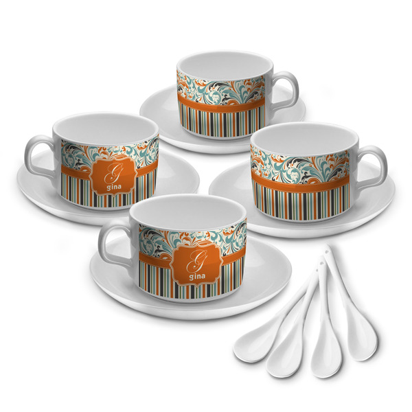 Custom Orange Blue Swirls & Stripes Tea Cup - Set of 4 (Personalized)