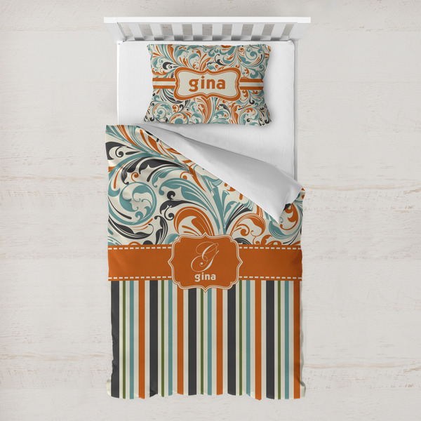 Custom Orange Blue Swirls & Stripes Toddler Bedding Set - With Pillowcase (Personalized)