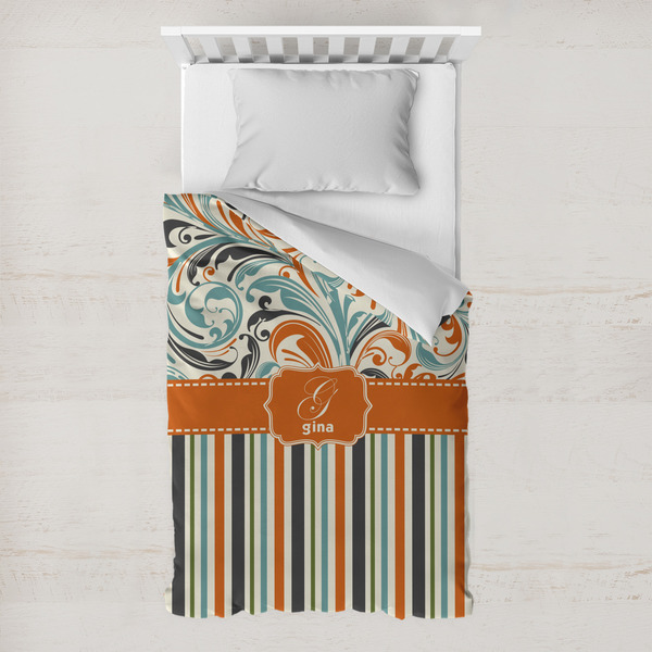 Custom Orange Blue Swirls & Stripes Toddler Duvet Cover w/ Name and Initial