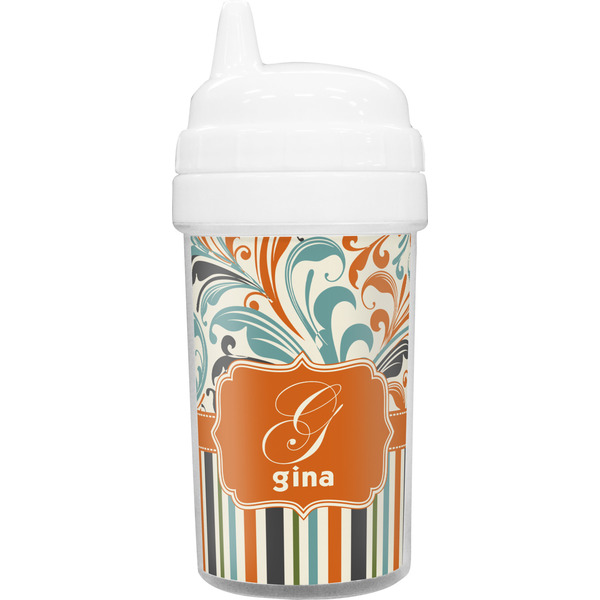 Custom Orange Blue Swirls & Stripes Toddler Sippy Cup (Personalized)