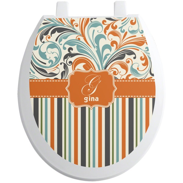 Custom Orange Blue Swirls & Stripes Toilet Seat Decal - Round (Personalized)