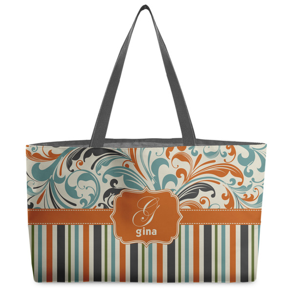 Custom Orange Blue Swirls & Stripes Beach Totes Bag - w/ Black Handles (Personalized)