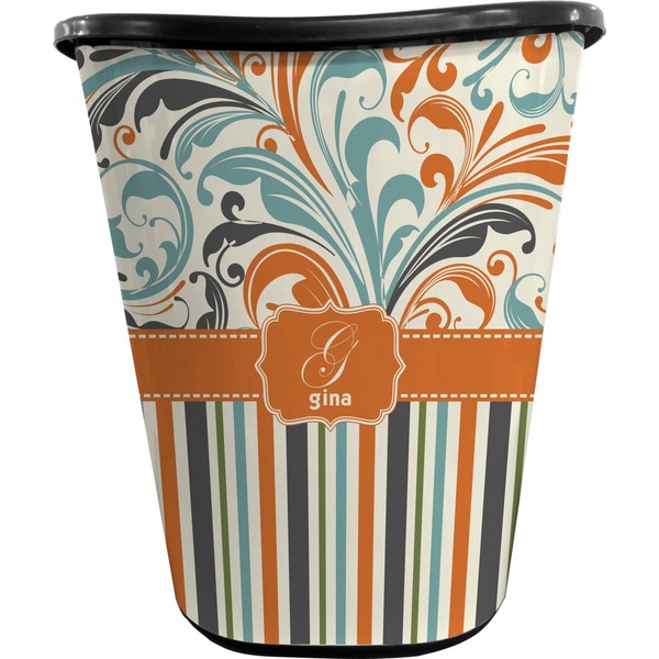 Custom Orange Blue Swirls & Stripes Waste Basket - Single Sided (Black) (Personalized)