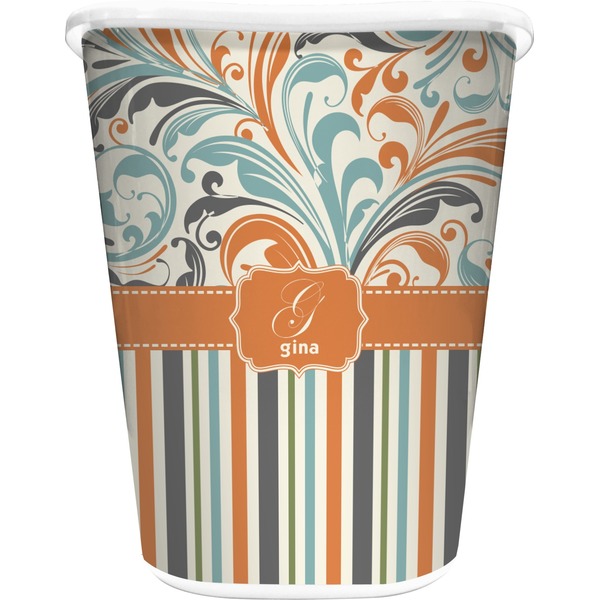 Custom Orange Blue Swirls & Stripes Waste Basket - Double Sided (White) (Personalized)