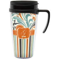 Orange Blue Swirls & Stripes Acrylic Travel Mug with Handle (Personalized)