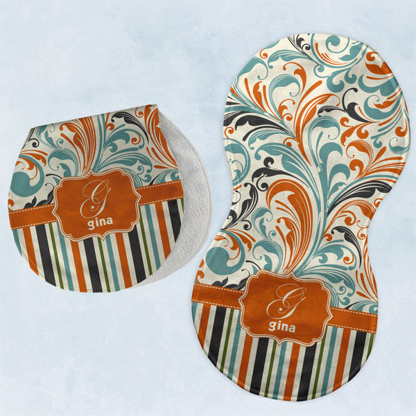 Custom Orange Blue Swirls & Stripes Burp Pads - Velour - Set of 2 w/ Name and Initial