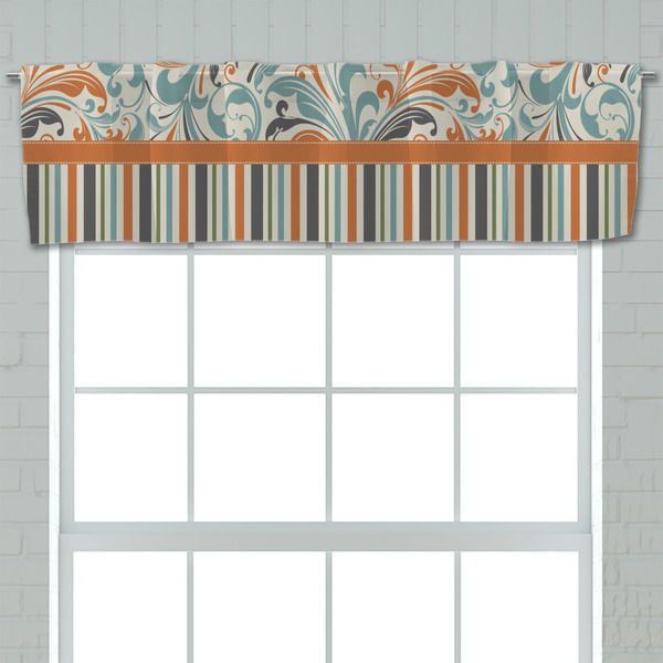 Orange Blue Swirls & Stripes Valance - Closeup on window
