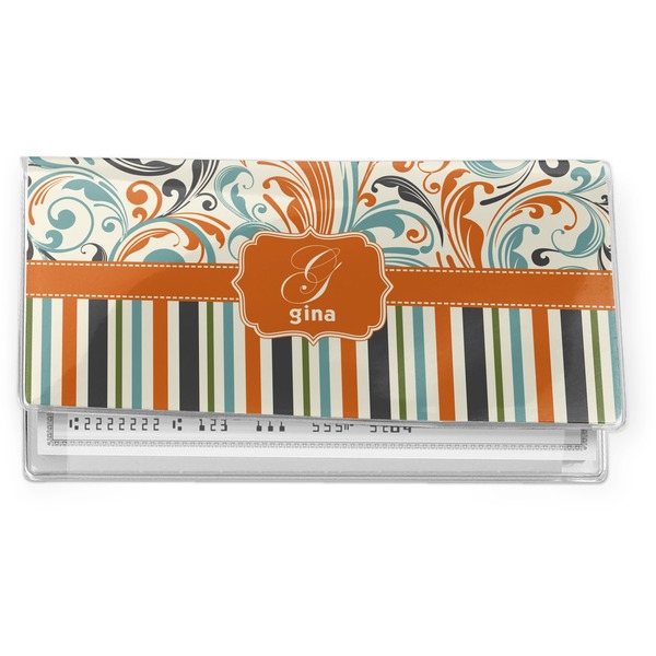 Custom Orange Blue Swirls & Stripes Vinyl Checkbook Cover (Personalized)