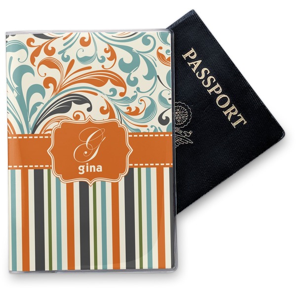 Custom Orange Blue Swirls & Stripes Vinyl Passport Holder (Personalized)