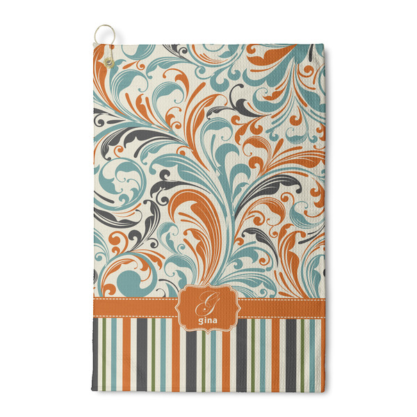 Custom Orange Blue Swirls & Stripes Waffle Weave Golf Towel (Personalized)