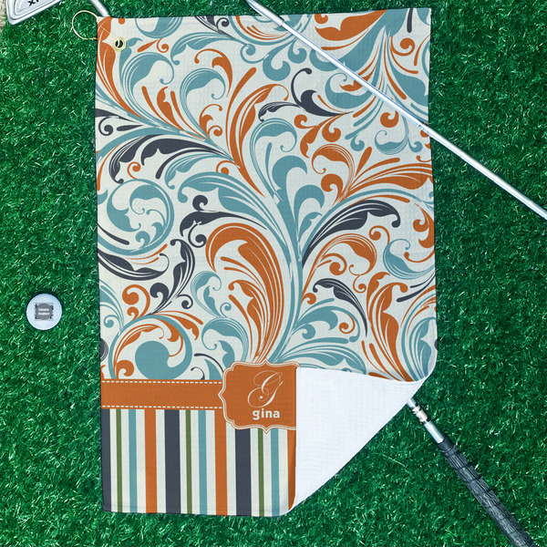Orange Blue Swirls & Stripes Waffle Weave Golf Towel - In Context