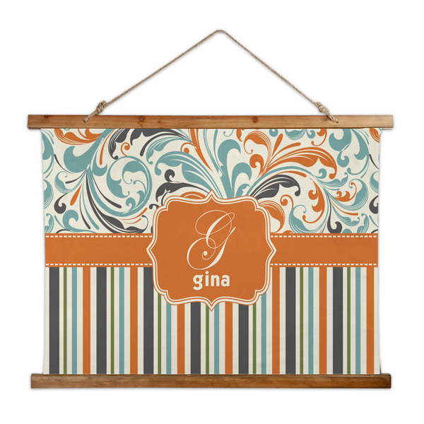 Custom Orange Blue Swirls & Stripes Wall Hanging Tapestry - Wide (Personalized)