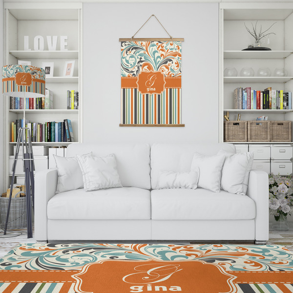 Orange Blue Swirls & Stripes Wall Hanging Tapestry - Portrait - IN CONTEXT