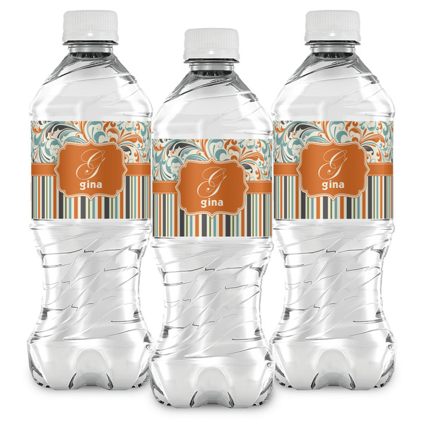 Orange Blue Swirls & Stripes Water Bottle Labels - Front View