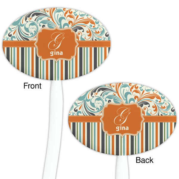 Orange Blue Swirls & Stripes White Plastic 7" Stir Stick - Double Sided - Oval - Front & Back