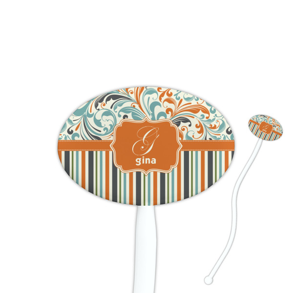 Custom Orange Blue Swirls & Stripes Oval Plastic Stir Sticks (Personalized)