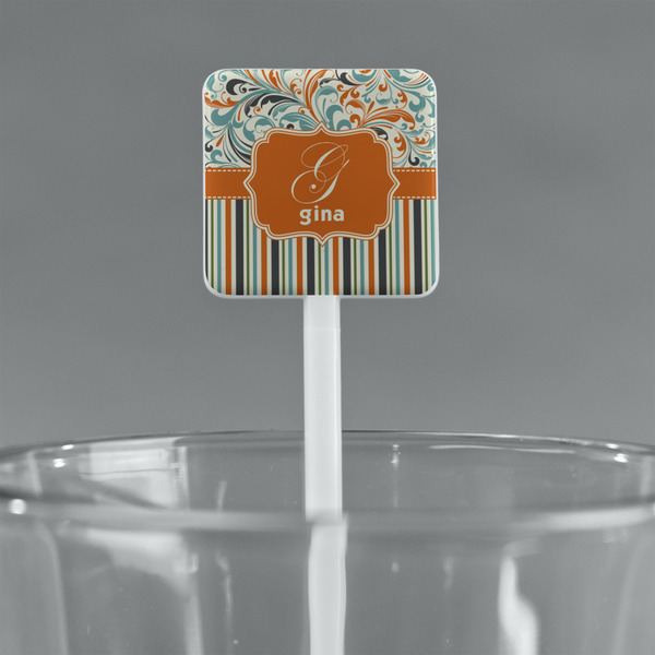 Orange Blue Swirls & Stripes White Plastic Stir Stick - Square - Main
