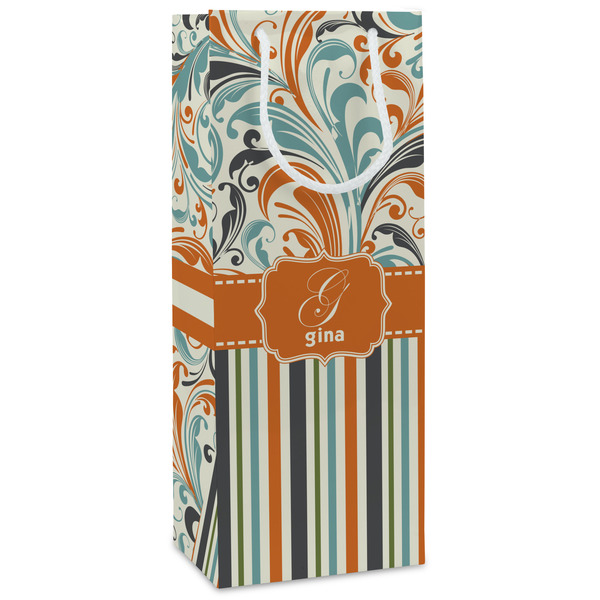 Custom Orange Blue Swirls & Stripes Wine Gift Bags - Gloss (Personalized)
