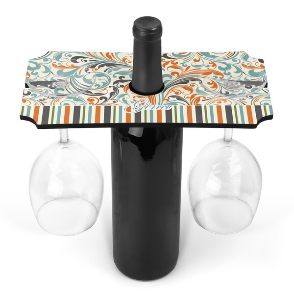 Custom Orange Blue Swirls & Stripes Wine Bottle & Glass Holder (Personalized)