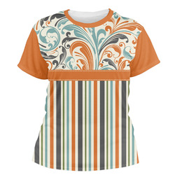Orange Blue Swirls & Stripes Women's Crew T-Shirt - X Large