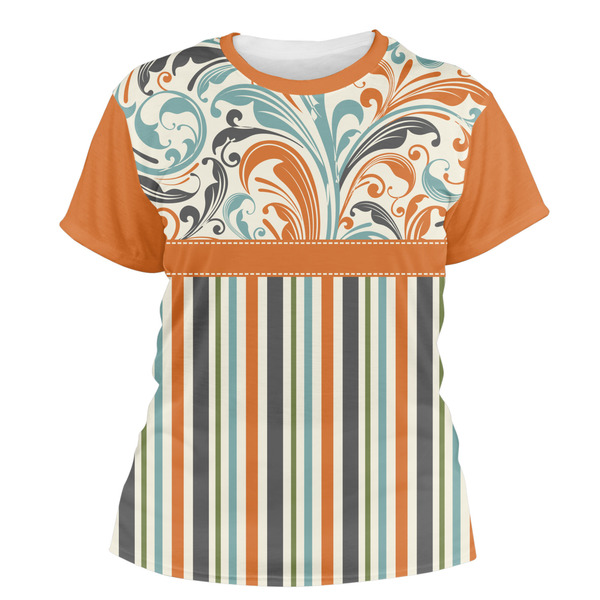 Custom Orange Blue Swirls & Stripes Women's Crew T-Shirt - Medium