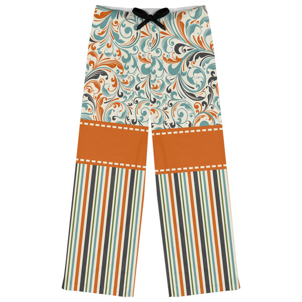 Custom Orange Blue Swirls & Stripes Womens Pajama Pants - S
