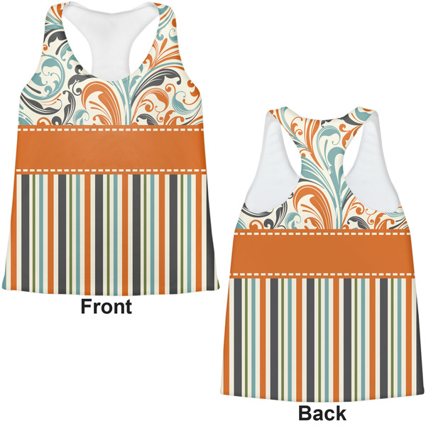 Orange Blue Swirls & Stripes Womens Racerback Tank Tops - Medium - Front and Back