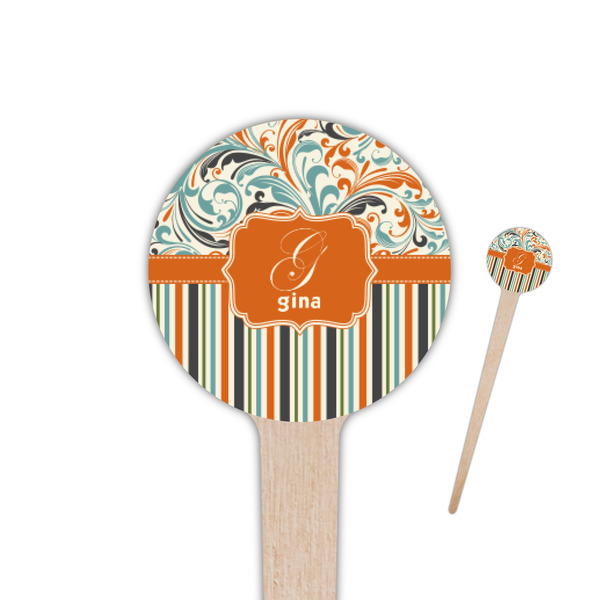 Custom Orange Blue Swirls & Stripes 4" Round Wooden Food Picks - Single Sided (Personalized)
