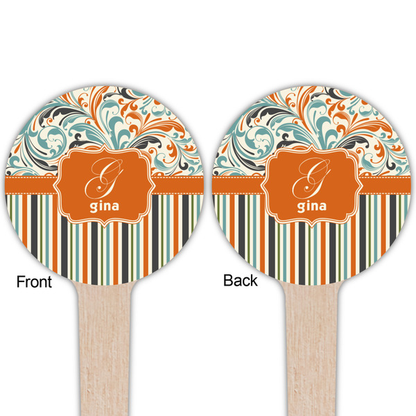 Orange Blue Swirls & Stripes Wooden 4" Food Pick - Round - Double Sided - Front & Back