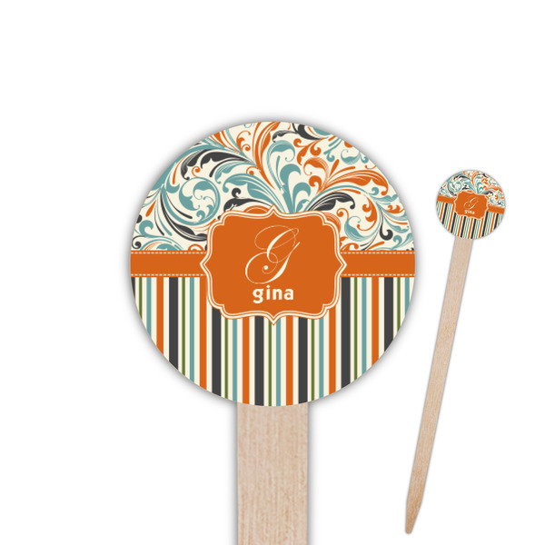 Custom Orange Blue Swirls & Stripes Round Wooden Food Picks (Personalized)