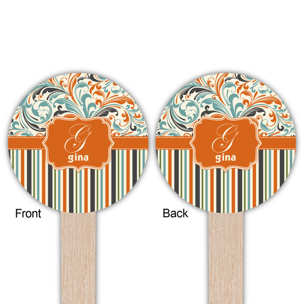 Orange Blue Swirls & Stripes Wooden 6" Food Pick - Round - Double Sided - Front & Back