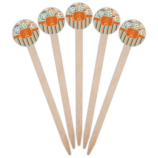 Orange Blue Swirls & Stripes Wooden 6" Food Pick - Round - Fan View