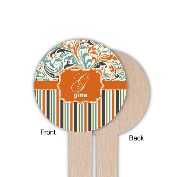 Orange Blue Swirls & Stripes Wooden 6" Food Pick - Round - Single Sided - Front & Back