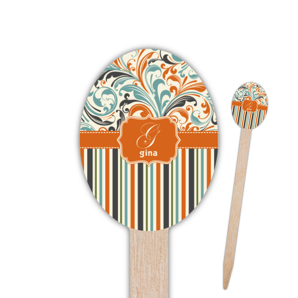 Custom Orange Blue Swirls & Stripes Oval Wooden Food Picks - Single Sided (Personalized)