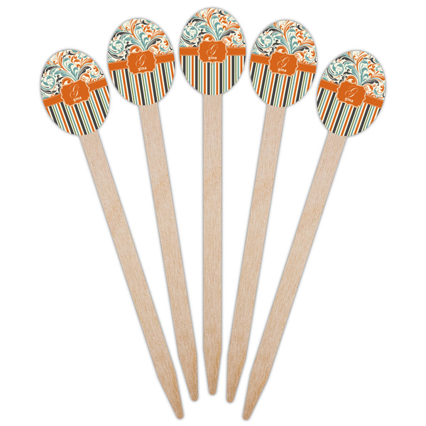 Orange Blue Swirls & Stripes Wooden Food Pick - Oval - Fan View