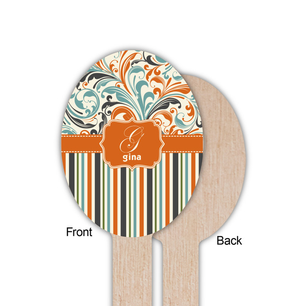 Orange Blue Swirls & Stripes Wooden Food Pick - Oval - Single Sided - Front & Back