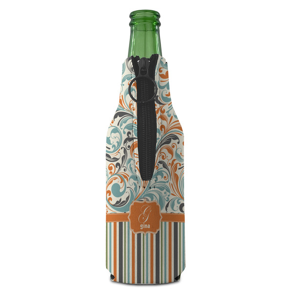 Orange Blue Swirls & Stripes Zipper Bottle Cooler - BACK (bottle)